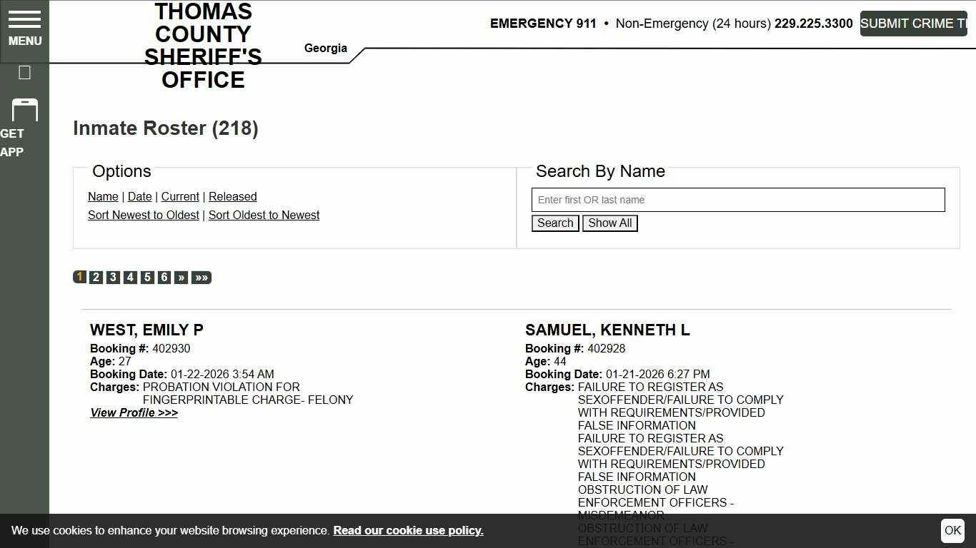 Inmate Roster Thomas County Sheriff's Office Sort Booking Time - Descending Page 1