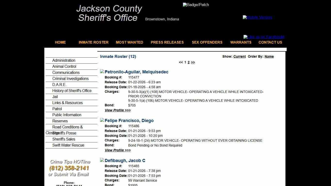 Inmate Roster - Released Inmates Booking Date Descending - Jackson County IN Sheriff